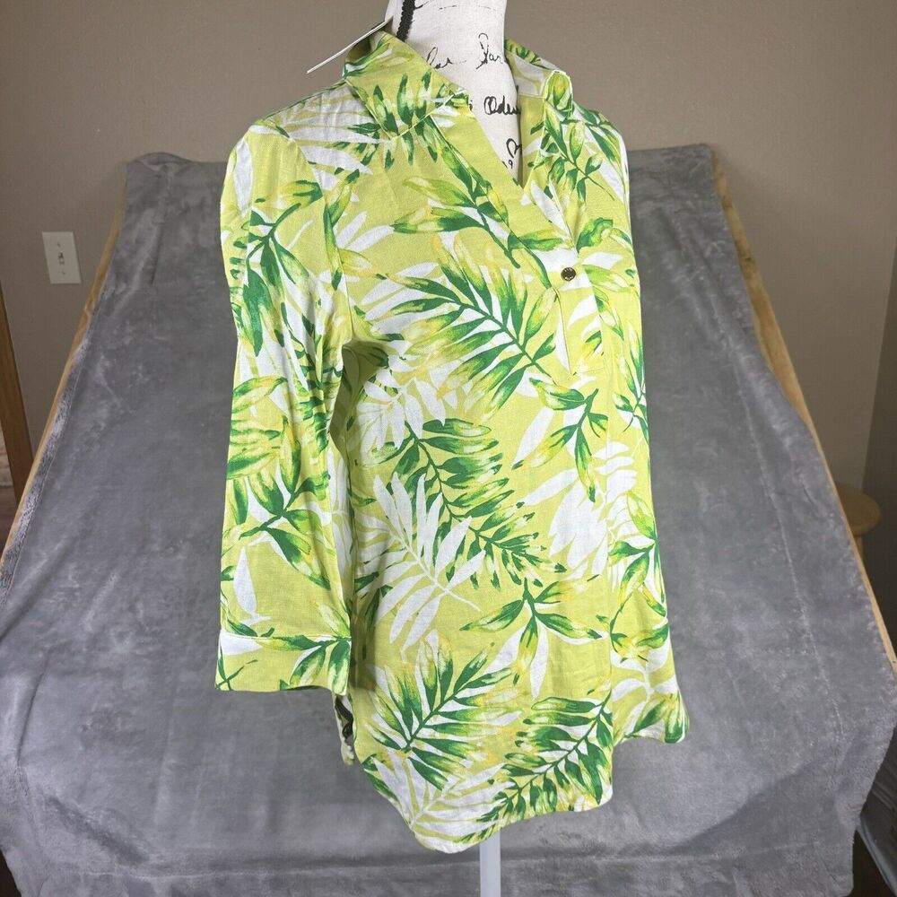 Anne Klein Linen Shirt Womens X-Small Green Tunic Palm 3/4 Sleeve Button New $89 - Picture 2 of 16